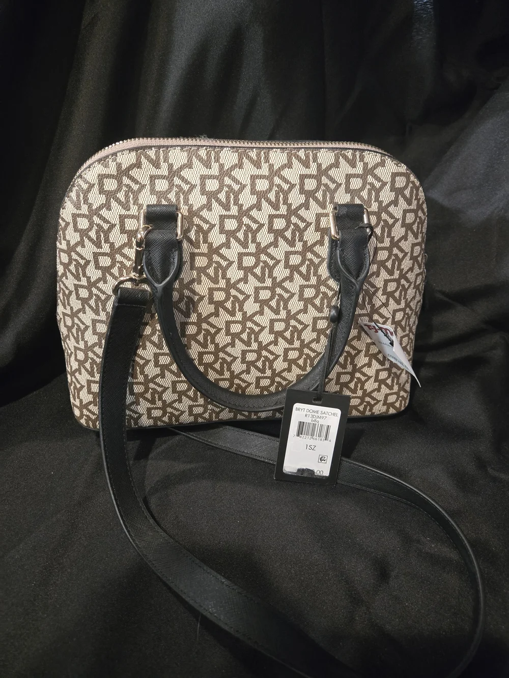 DKNY Black and Beige Signature Dual-Compartment Satchel